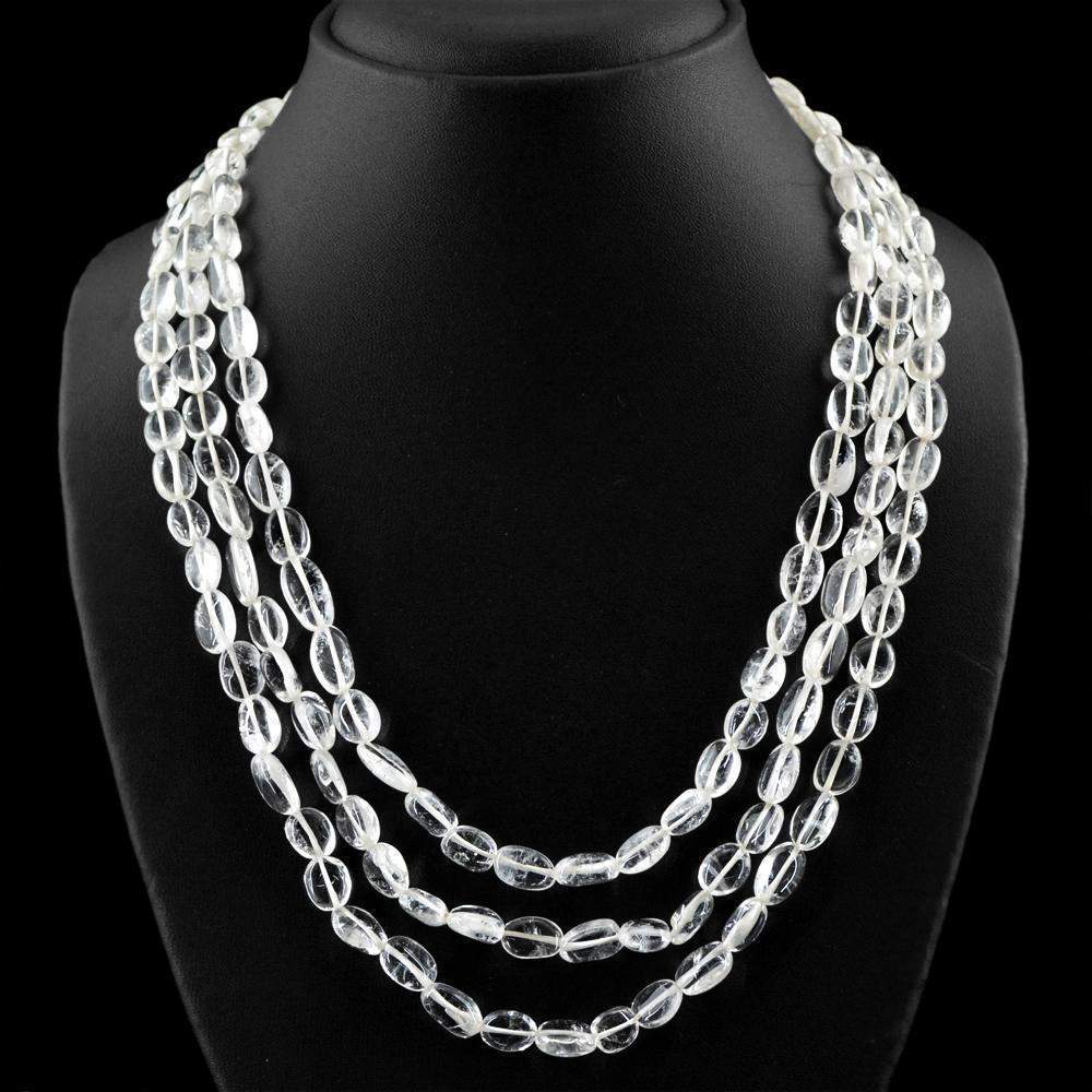 gemsmore:Oval Shape White Quartz Necklace Natural 3 Line Untreated Beads