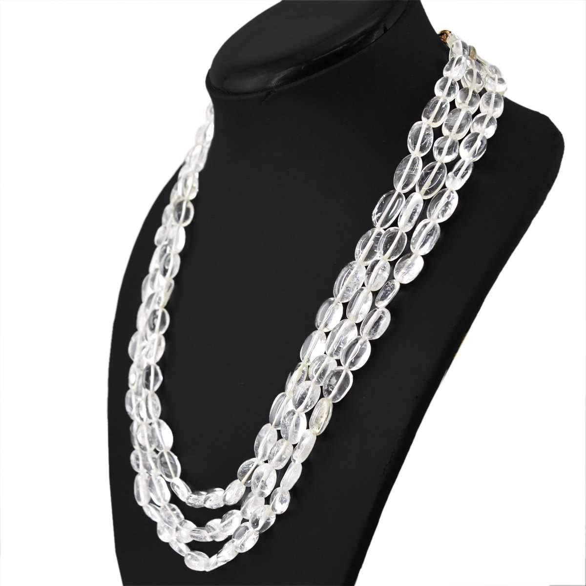 gemsmore:Oval Shape White Quartz Necklace Natural 3 Line Untreated Beads
