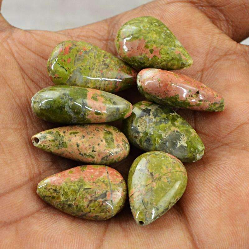 gemsmore:Pear Shape Blood Green Unakite Beads Lot - Natural Drilled