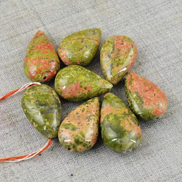 gemsmore:Pear Shape Blood Green Unakite Beads Lot - Natural Drilled