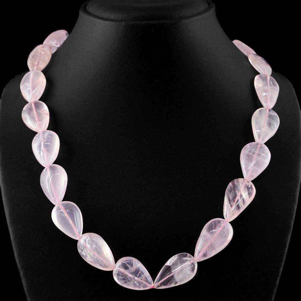 gemsmore:Pear Shape Pink Rose Quartz Necklace Natural Untreated Beads