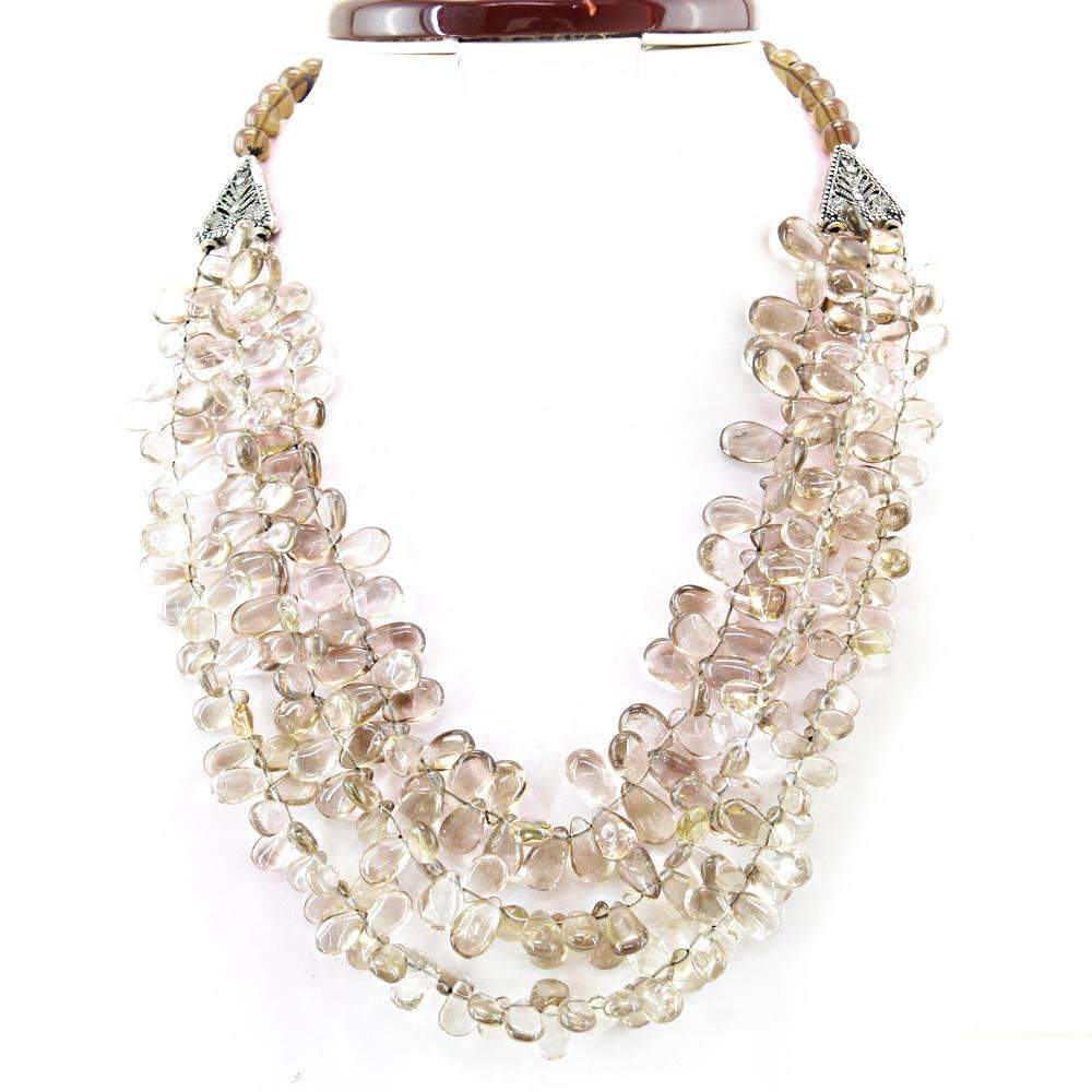 gemsmore:Pear Shape Smoky Quartz Necklace Natural 3 Strand Untreated Beads