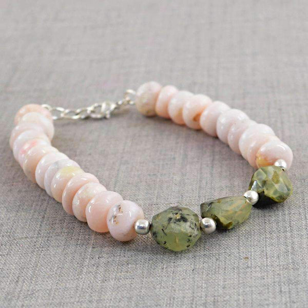gemsmore:Pink Australian Opal & Green Phrenite Beads Bracelet Natural Round Shape