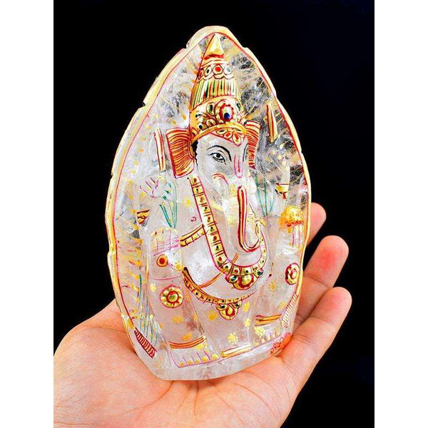 gemsmore:Pink Rose Quartz Enamel Painted Carved Lord Ganesha Idol