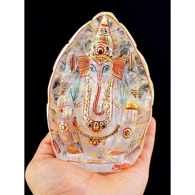 gemsmore:Pink Rose Quartz Enamel Painted Carved Lord Ganesha Idol