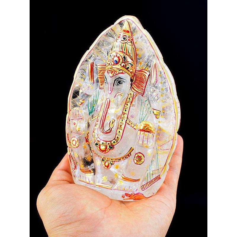 gemsmore:Pink Rose Quartz Enamel Painted Carved Lord Ganesha Idol