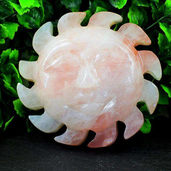 gemsmore:Pink Rose Quartz Finely Hand Carved Sun Face