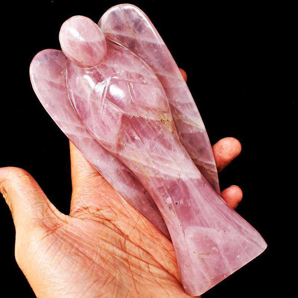 gemsmore:Pink Rose Quartz Hand Carved Healing Angel