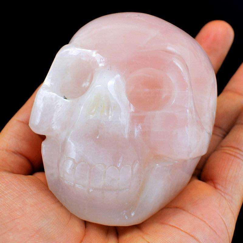 gemsmore:Pink Rose Quartz Hand Carved Human Skull
