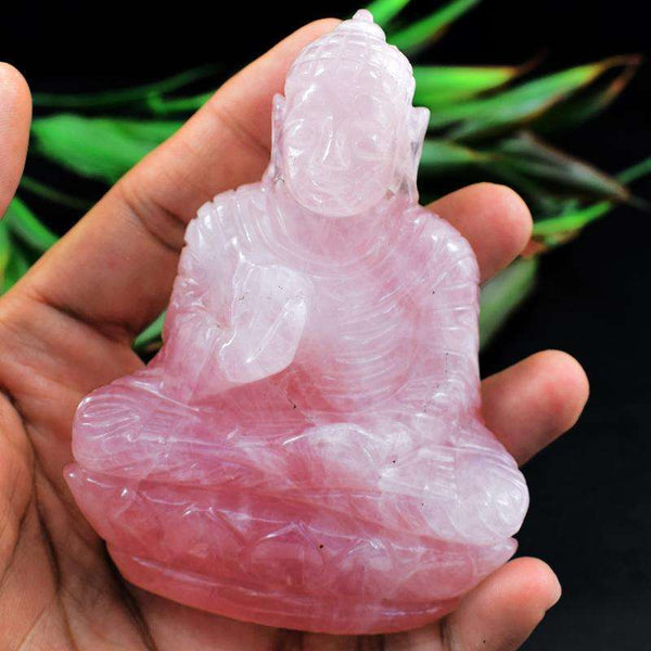 gemsmore:Pink Rose Quartz Hand Carved Lord Buddha Idol