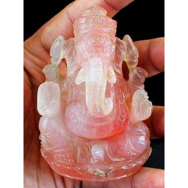 gemsmore:Pink Rose Quartz Hand Carved Lord Ganesha Idol