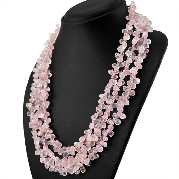 gemsmore:Pink Rose Quartz Necklace 3 Lines Natural Tear Drop Beads