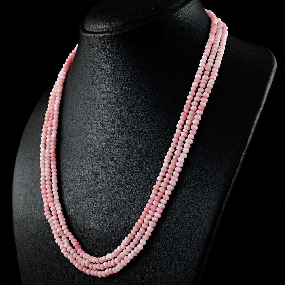 gemsmore:Pink Rose Quartz Necklace Natural 3 Strand Faceted Round Beads