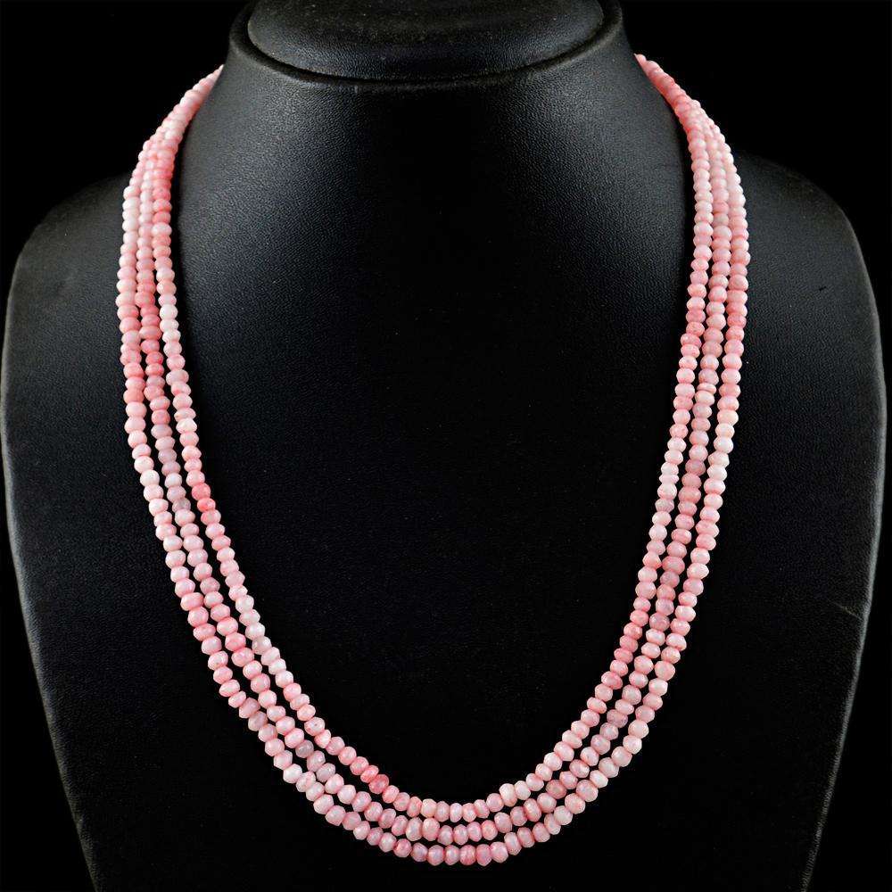 gemsmore:Pink Rose Quartz Necklace Natural 3 Strand Faceted Round Beads