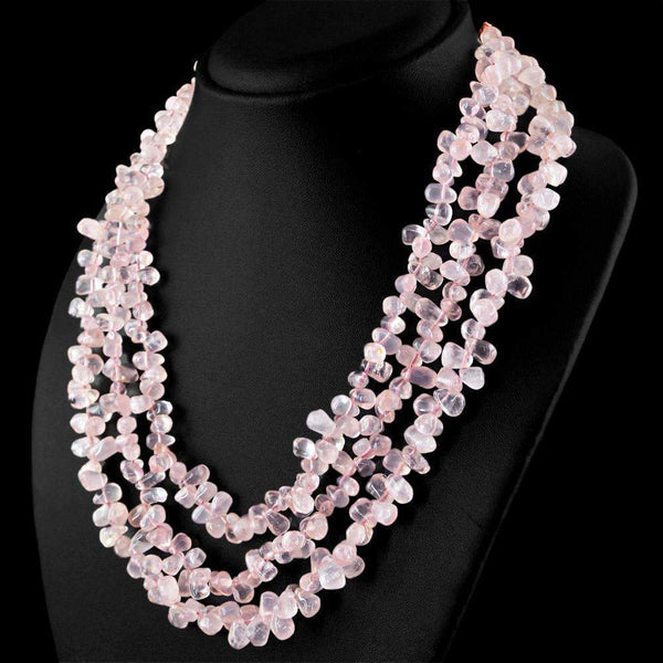 gemsmore:Pink Rose Quartz Necklace Natural 3 Strand Tear drop Beads