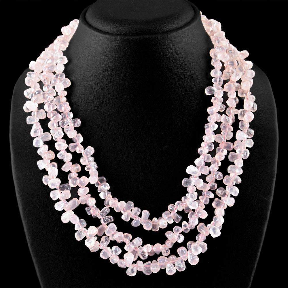 gemsmore:Pink Rose Quartz Necklace Natural 3 Strand Tear drop Beads