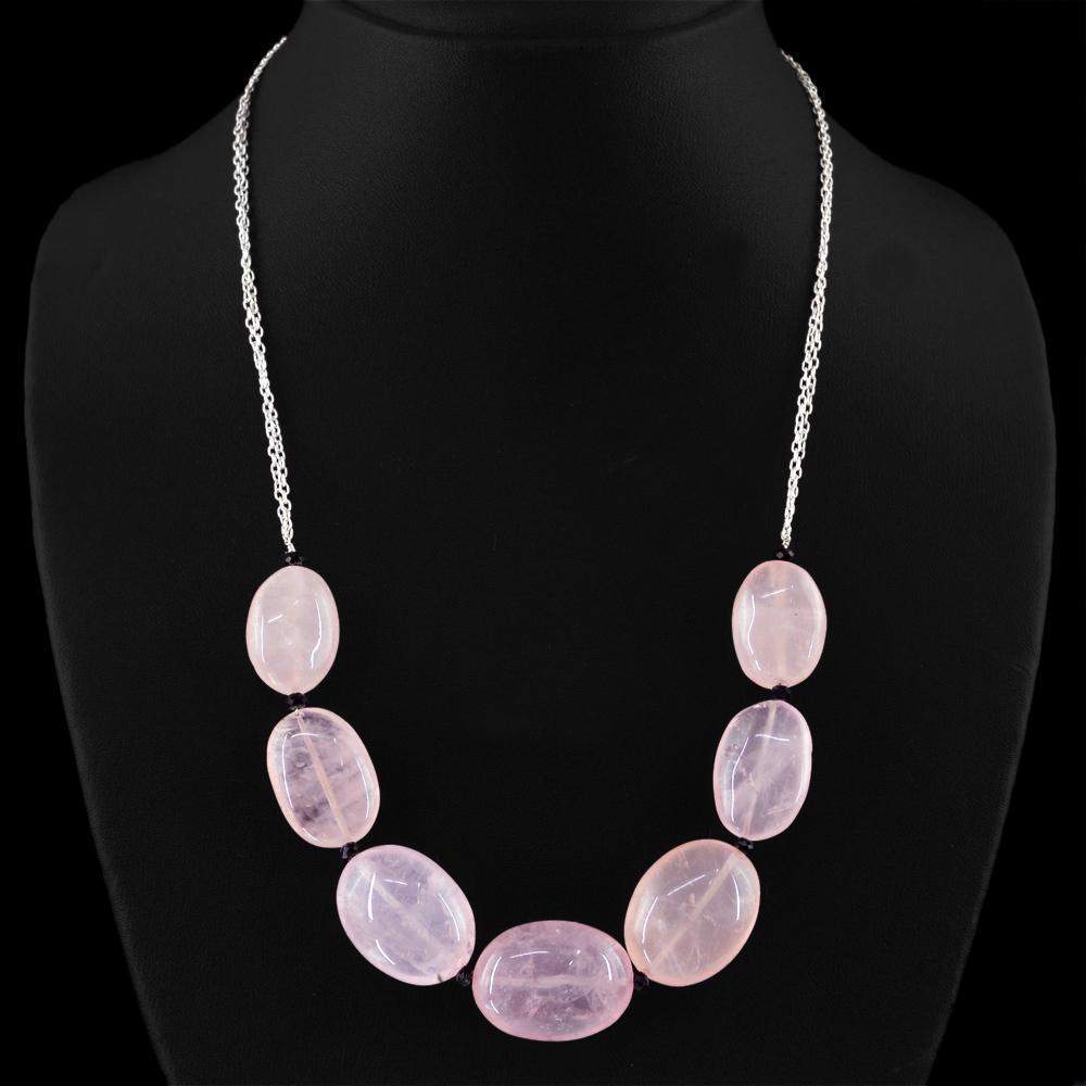 gemsmore:Pink Rose Quartz Necklace Natural Oval Shape Beads