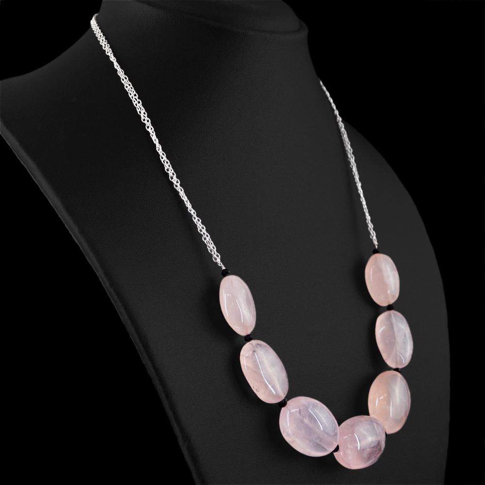 gemsmore:Pink Rose Quartz Necklace Natural Oval Shape Beads