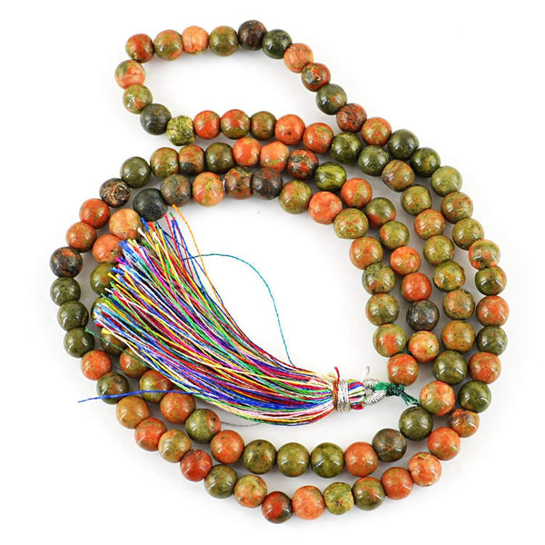 gemsmore:Prayer Mala Blood Green Unakite Necklace Natural 108 Round Beads