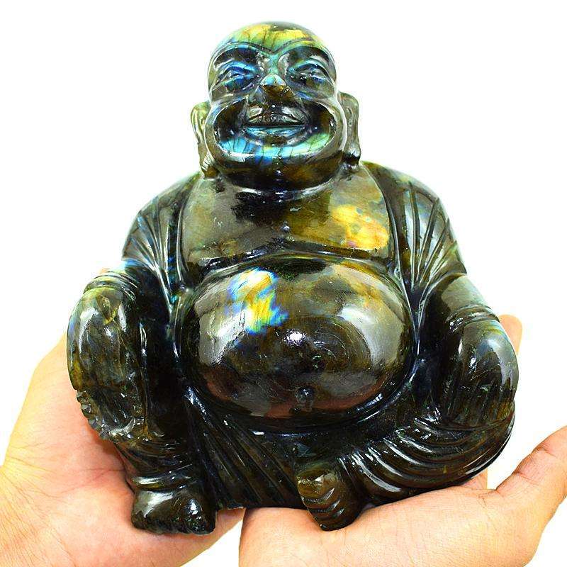 gemsmore:Premium Golden Flash Labradorite Gemstone Carved Laughing Buddha Idol