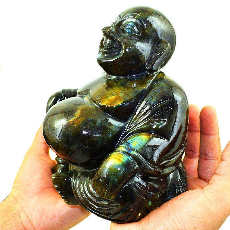 gemsmore:Premium Golden Flash Labradorite Gemstone Carved Laughing Buddha Idol