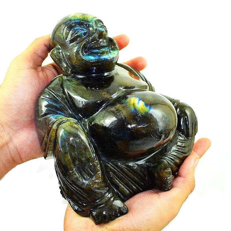 gemsmore:Premium Golden Flash Labradorite Gemstone Carved Laughing Buddha Idol