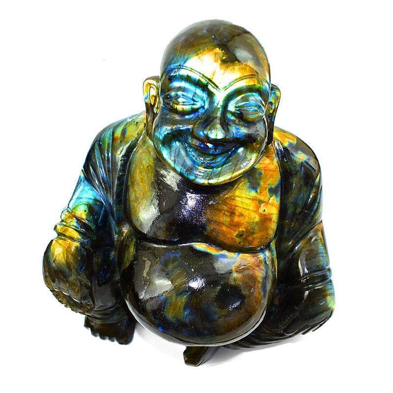 gemsmore:Premium Golden Flash Labradorite Gemstone Carved Laughing Buddha Idol