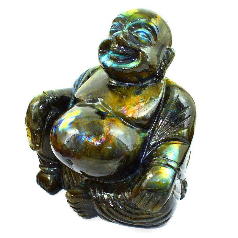 gemsmore:Premium Golden Flash Labradorite Gemstone Carved Laughing Buddha Idol