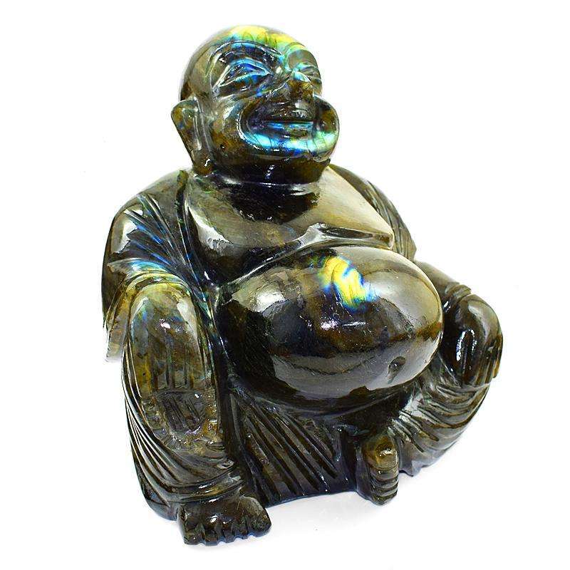 gemsmore:Premium Golden Flash Labradorite Gemstone Carved Laughing Buddha Idol