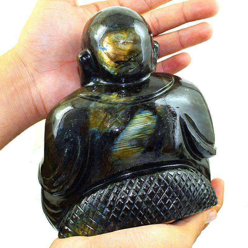 gemsmore:Premium Golden Flash Labradorite Gemstone Carved Laughing Buddha Idol