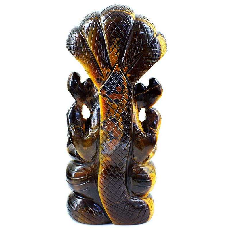 gemsmore:Premium Golden Tiger Eye Lord Ganesha Carved Idol With Snake At Back