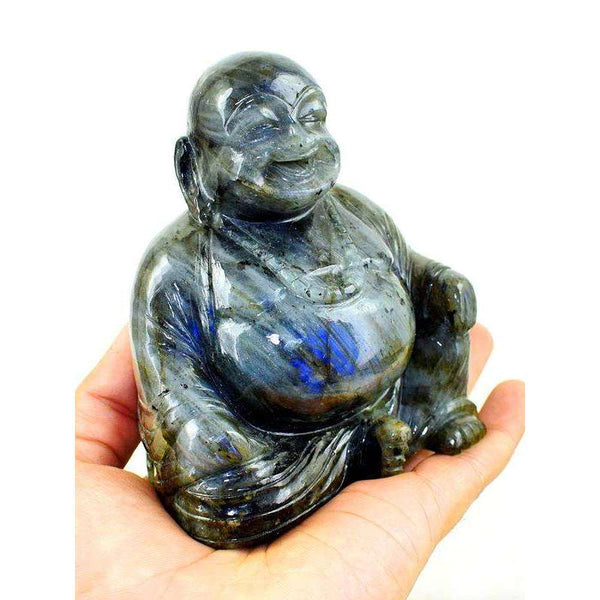 gemsmore:Premium Grade Labradorite Gemstone Carved Laughing Buddha Idol Statute