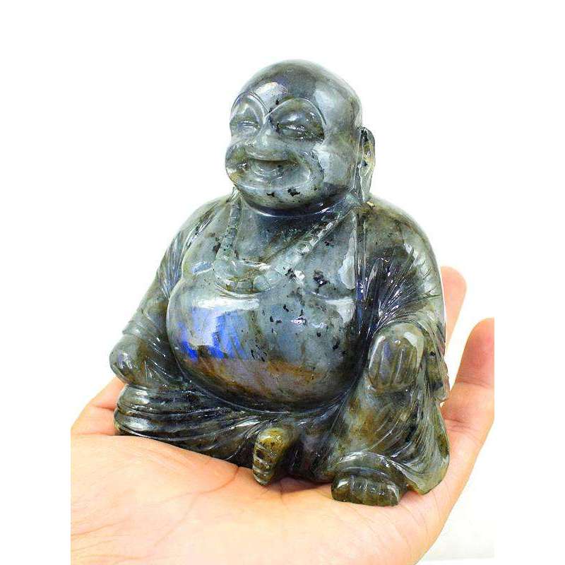 gemsmore:Premium Grade Labradorite Gemstone Carved Laughing Buddha Idol Statute
