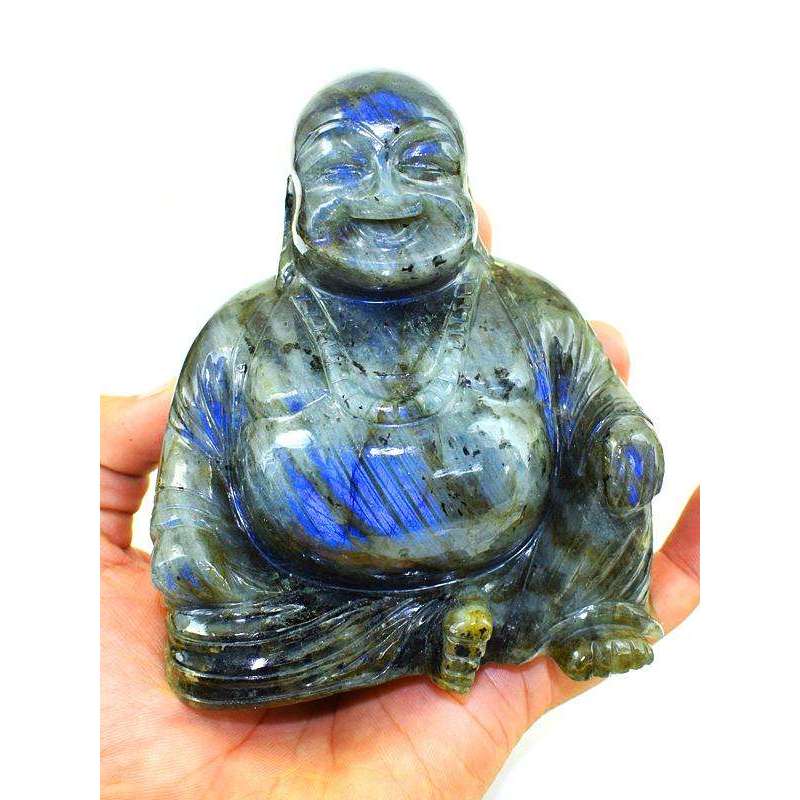 gemsmore:Premium Grade Labradorite Gemstone Carved Laughing Buddha Idol Statute