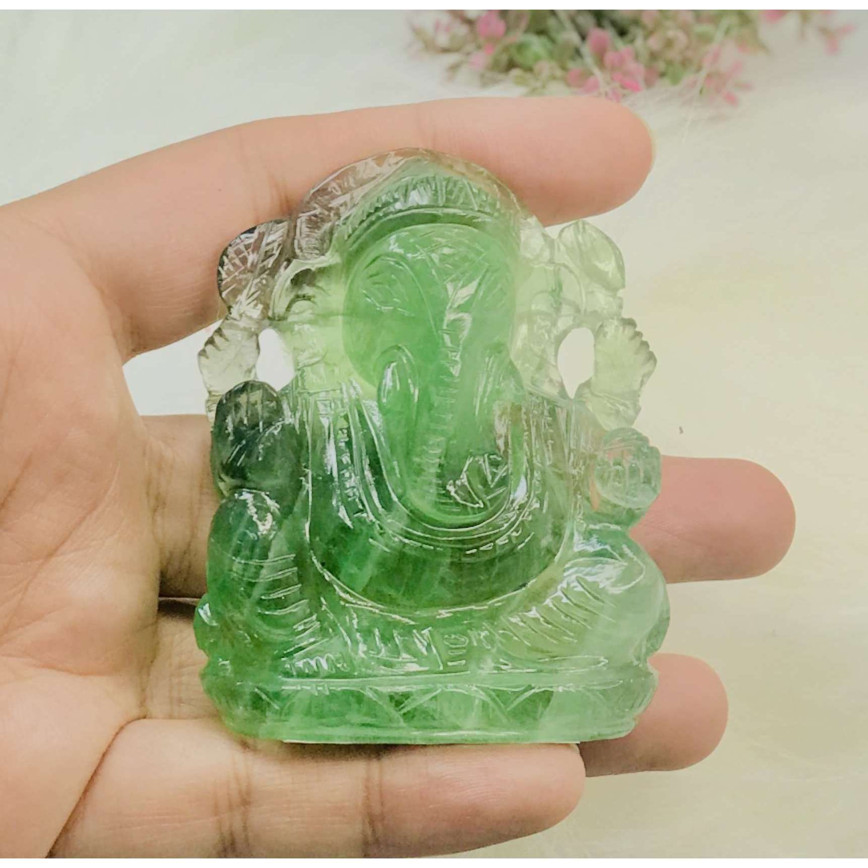 gemsmore:Premium Green Fluorite Hand Carved Ganesha Crystal Carving