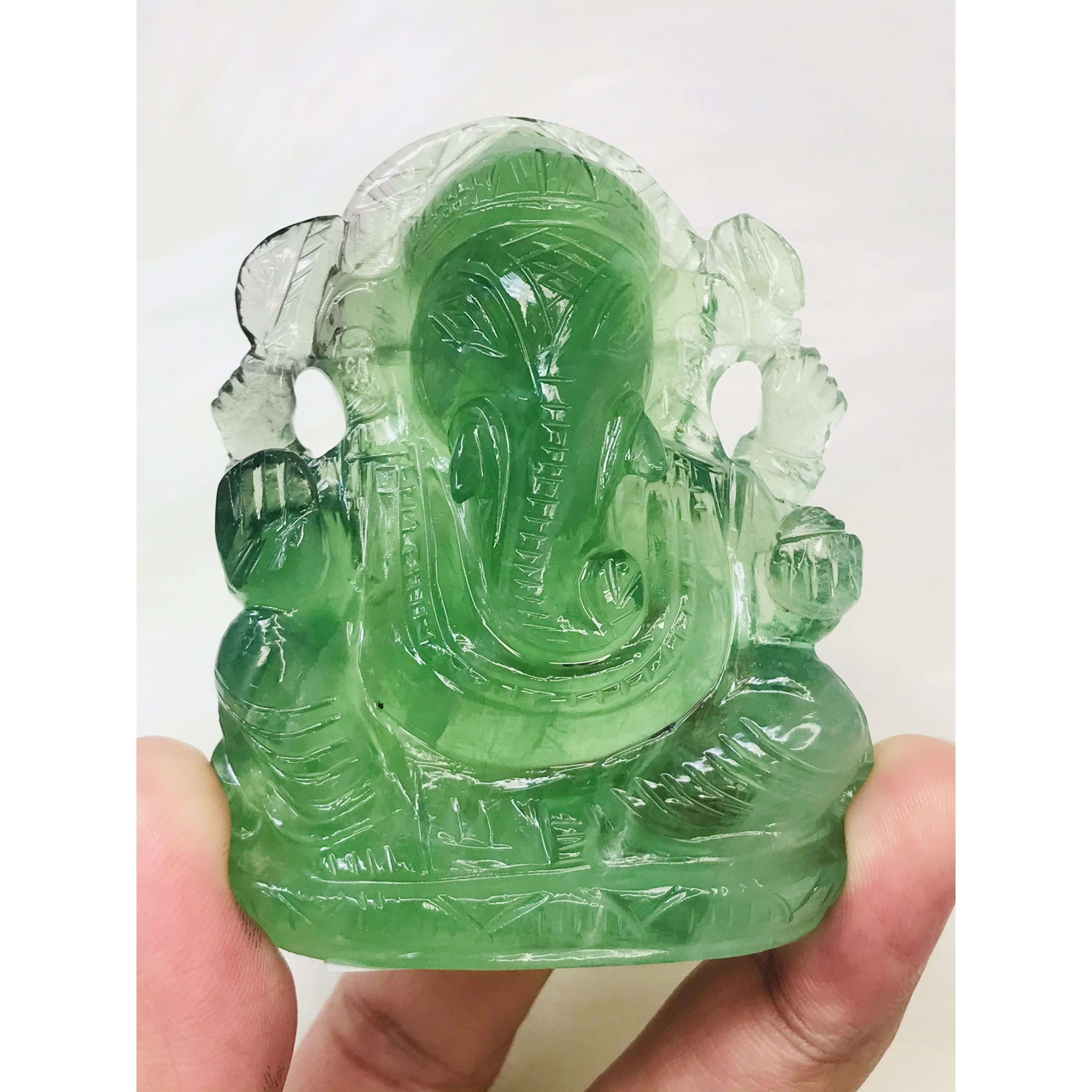 gemsmore:Premium Green Fluorite Hand Carved Ganesha Crystal Carving