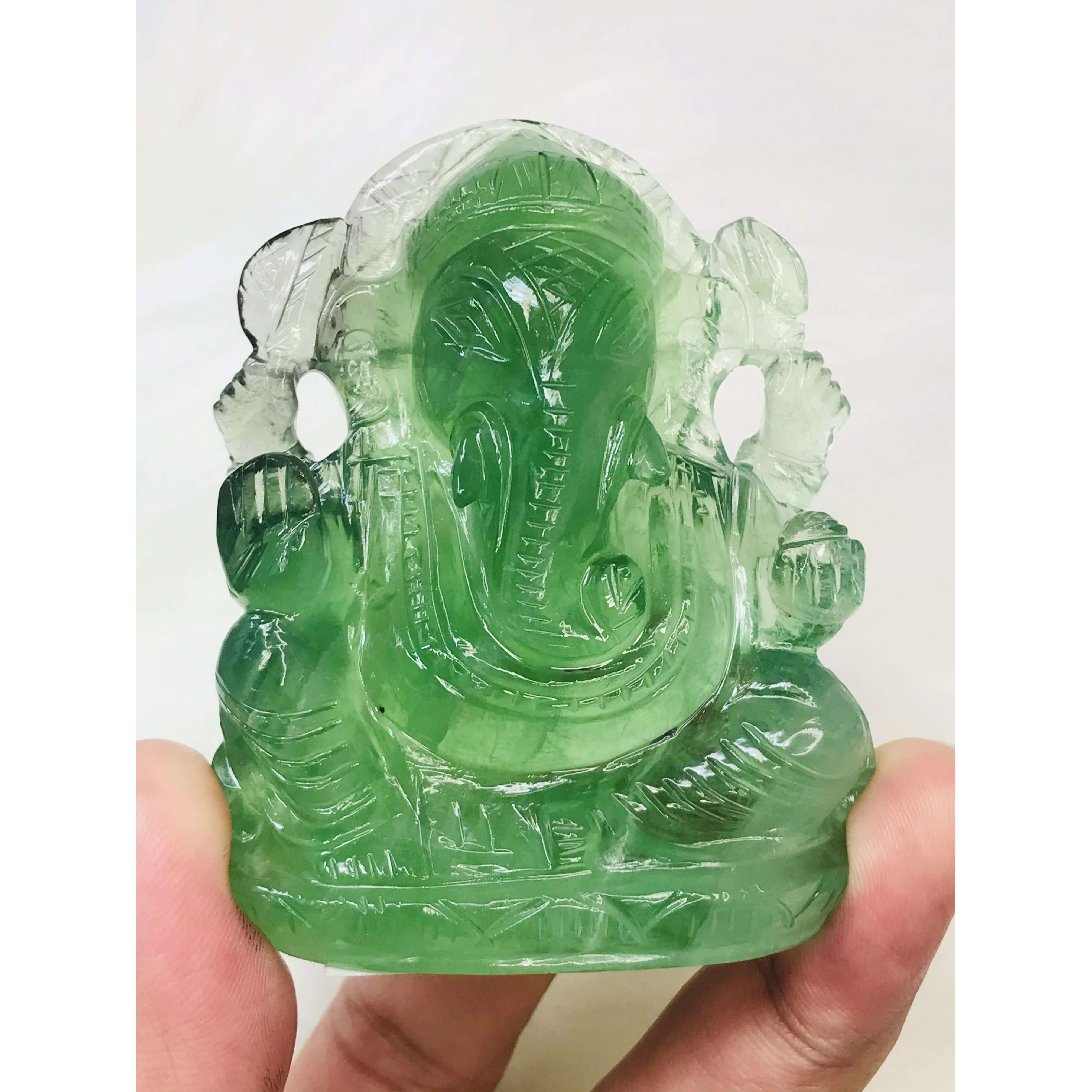 gemsmore:Premium Green Fluorite Hand Carved Ganesha Crystal Carving