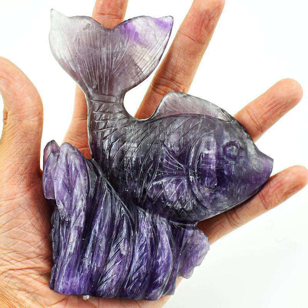 gemsmore:Purple Amethyst Hand Carved Fish - Beautiful