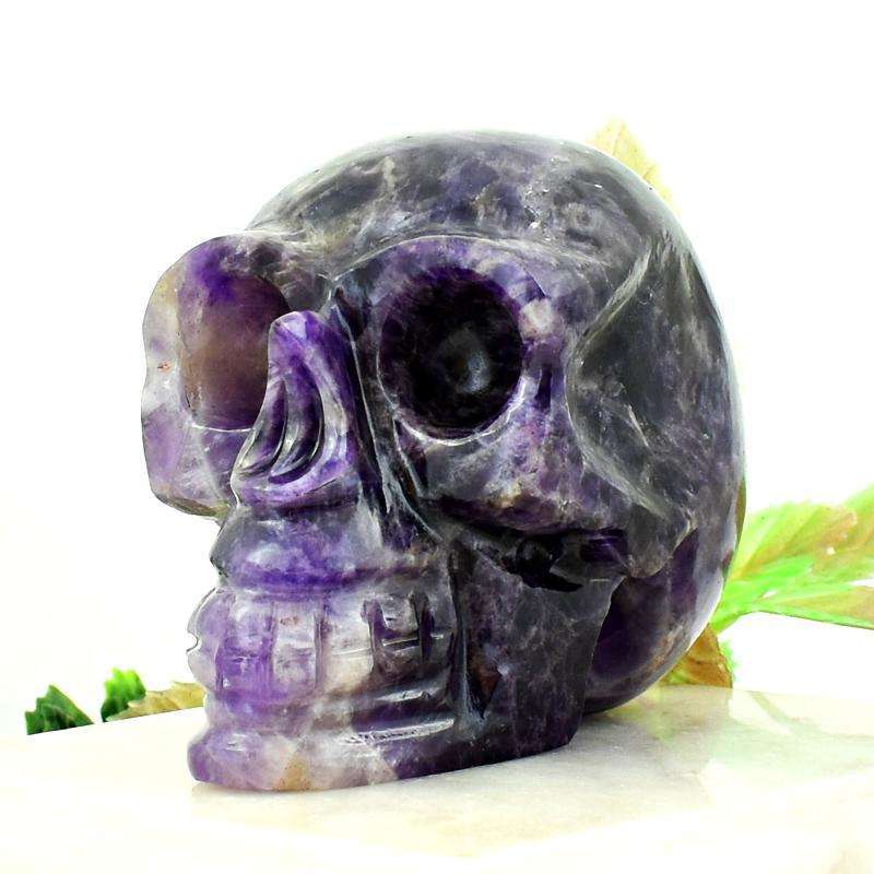 gemsmore:Purple Amethyst Hand Carved Human Skull