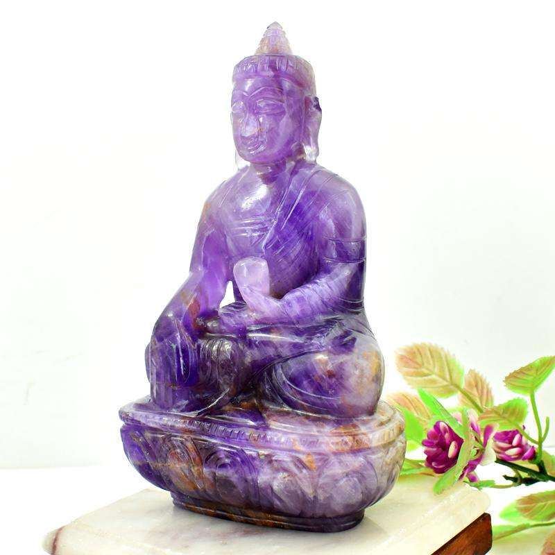 gemsmore:Purple Amethyst Hand Carved Lord Buddha Statue - Exclusive