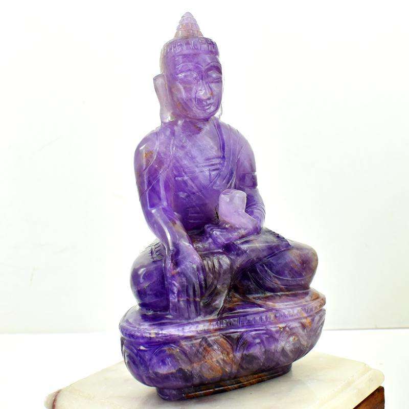 gemsmore:Purple Amethyst Hand Carved Lord Buddha Statue - Exclusive