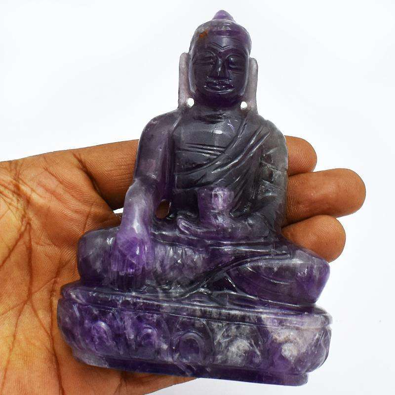 gemsmore:Purple Amethyst Hand Carved Lord Buddha Statue