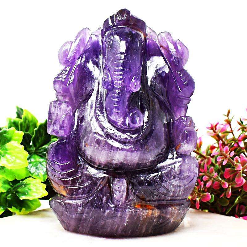 gemsmore:Purple Amethyst Hand Carved Lord Ganesha Idol