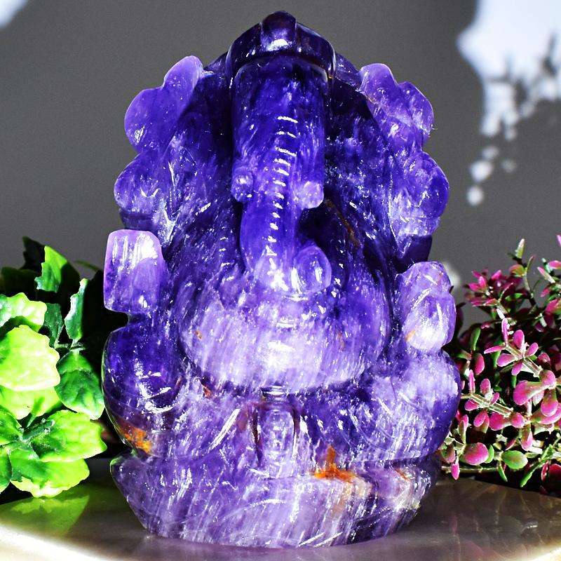 gemsmore:Purple Amethyst Hand Carved Lord Ganesha Idol