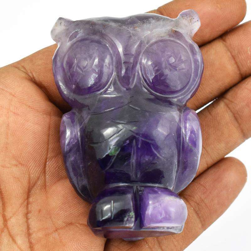 gemsmore:Purple Amethyst Hand Carved Owl Gemstone