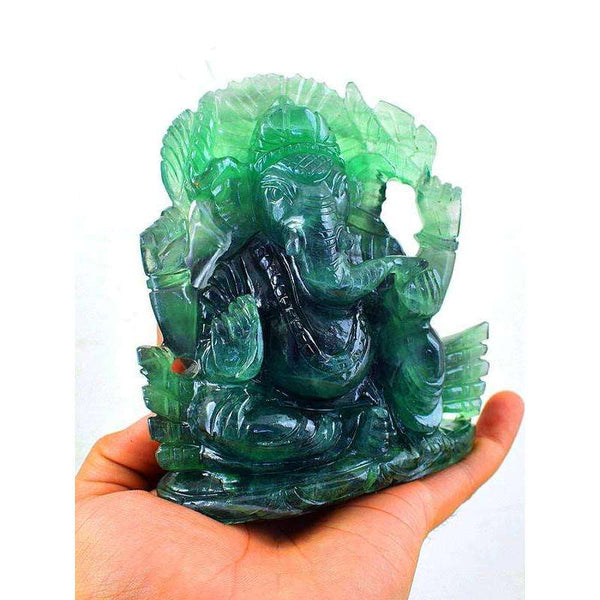 gemsmore:Rare Green Fluorite Gemstone Carved Lord Ganesha Idol Statute with Peacock Back