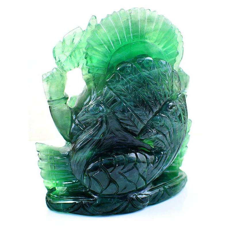 gemsmore:Rare Green Fluorite Gemstone Carved Lord Ganesha Idol Statute with Peacock Back