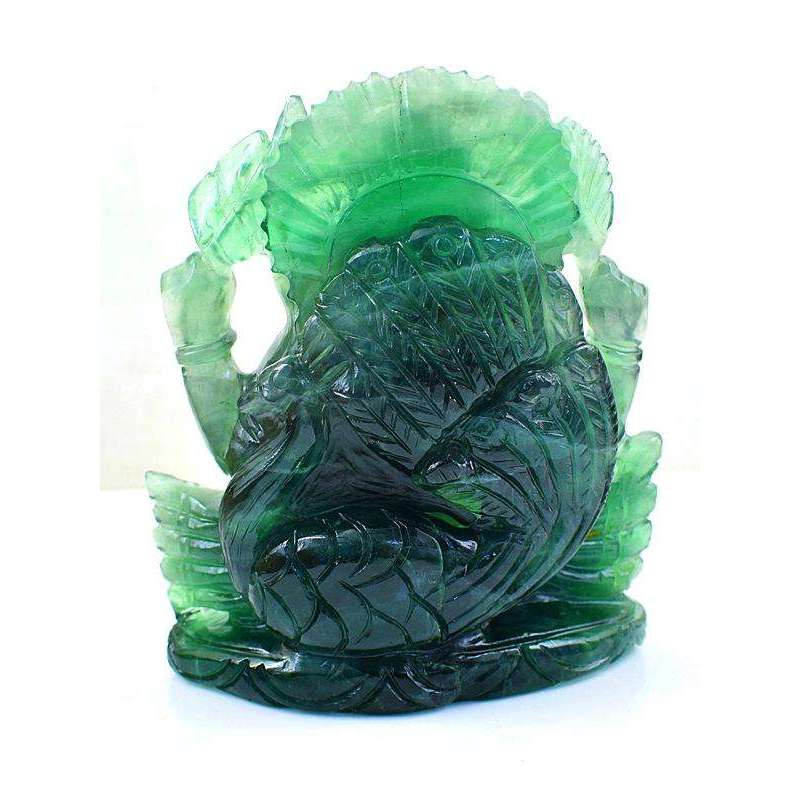 gemsmore:Rare Green Fluorite Gemstone Carved Lord Ganesha Idol Statute with Peacock Back