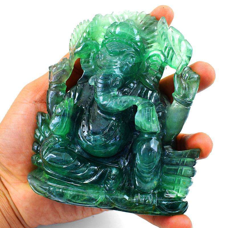 gemsmore:Rare Green Fluorite Gemstone Carved Lord Ganesha Idol Statute with Peacock Back