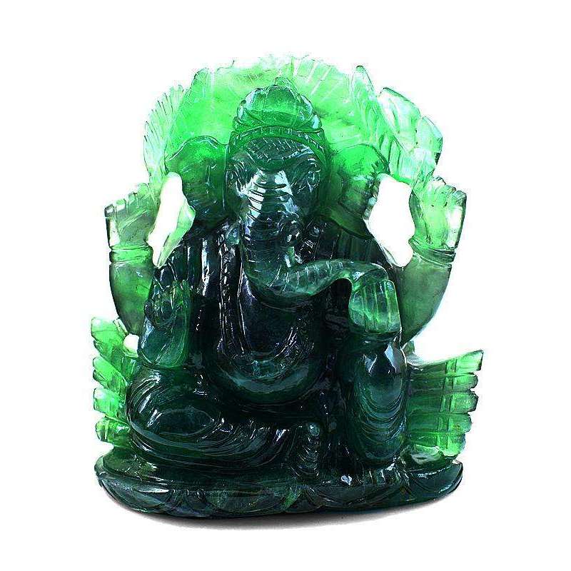 gemsmore:Rare Green Fluorite Gemstone Carved Lord Ganesha Idol Statute with Peacock Back